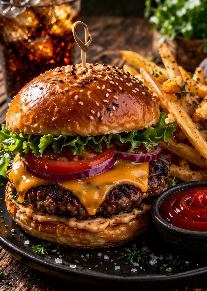 Gourmet Burger with Fries and Soda