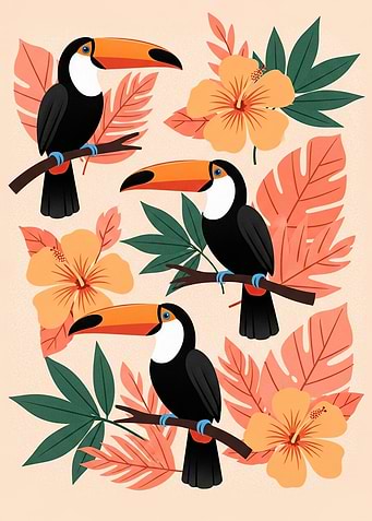 Tropical Toucans and Hibiscus Flowers