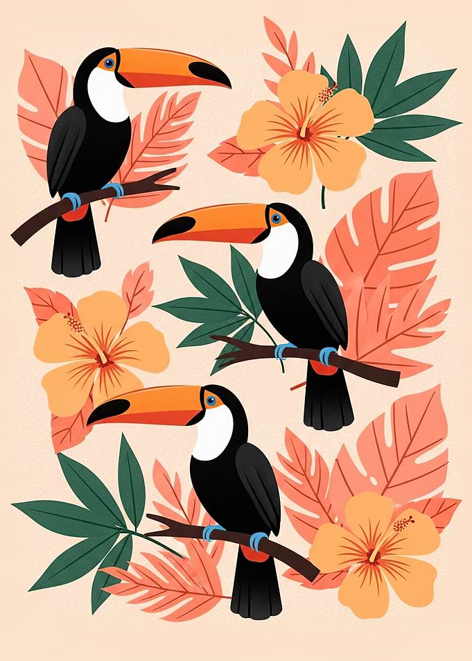 Tropical Toucans and Hibiscus Flowers