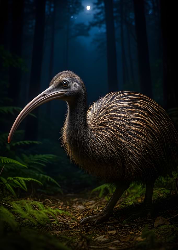 Kiwi Bird in a Dark Forest