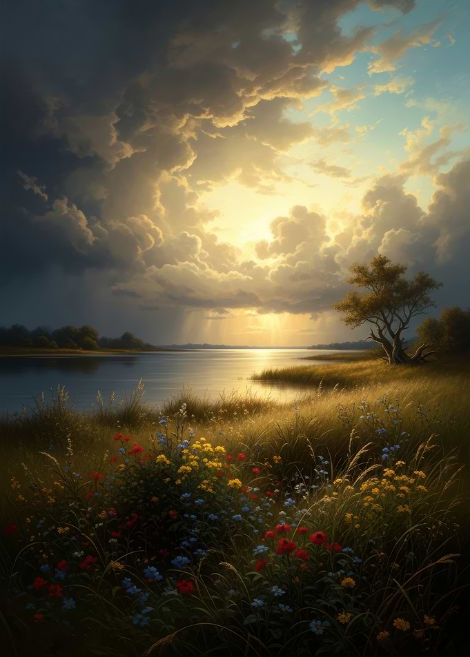 Stormy Sunset Over a Meadow Lake
