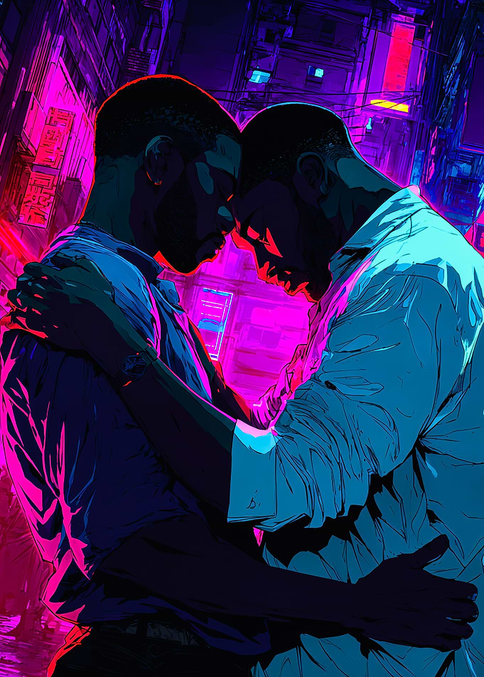 Cyberpunk men in romantic embrace