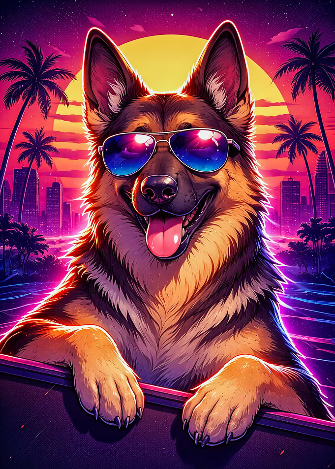 Retro German Shepherd with Sunglasses