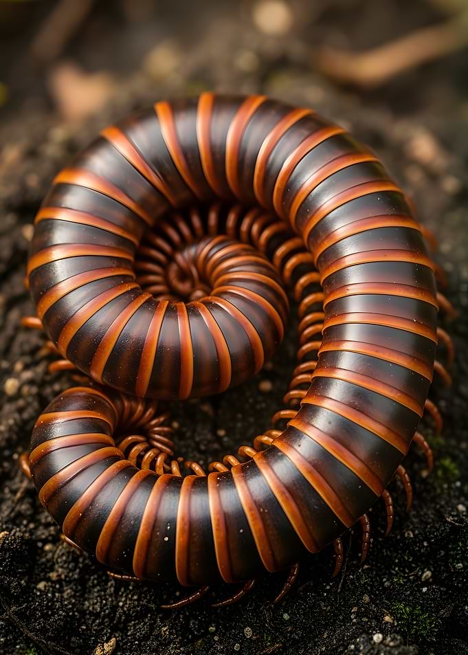 Giant Millipede Curled on Soil