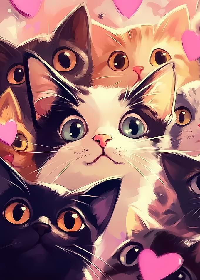 Group of Cute Cats with Hearts
