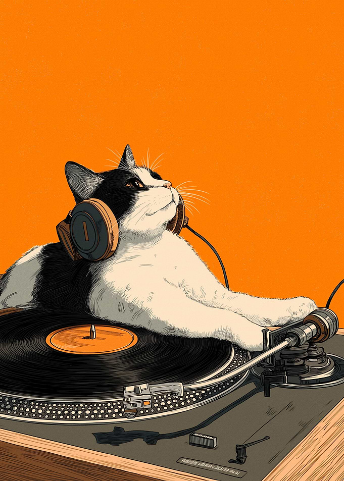 DJ Cat with Headphones on Turntable
