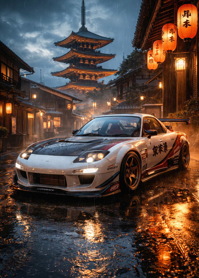 Tuned Japanese Sports Car in Rainy Kyoto