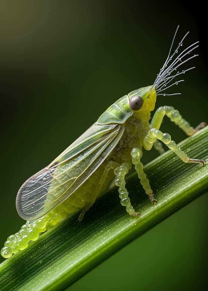 Green insect with beaded eggs
