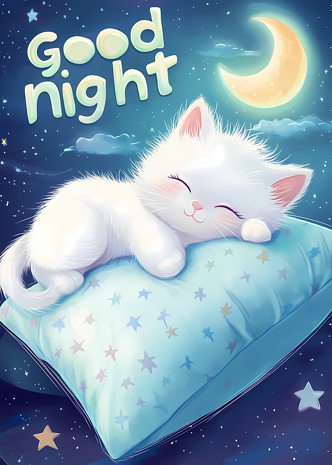 Cute Kitten Sleeping Under the Moon