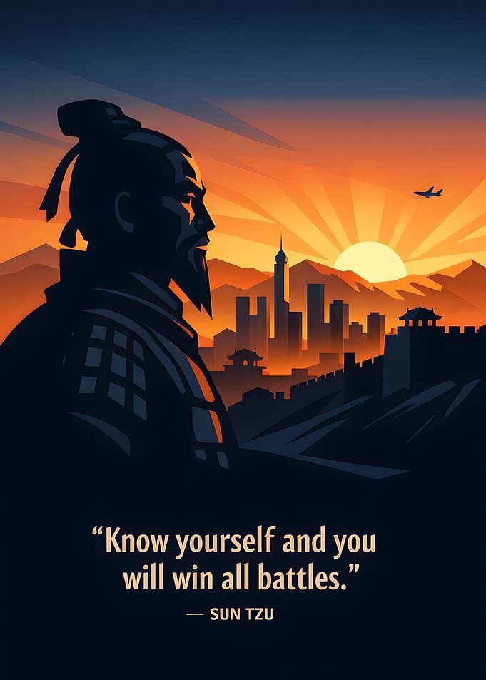 Sun Tzu quote with cityscape