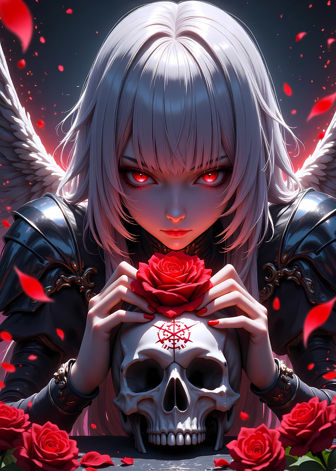 Gothic Angel with Rose and Skull