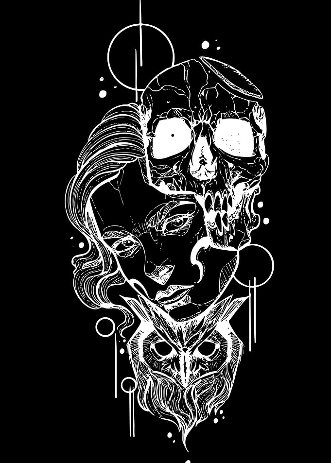 Skull, Woman, and Owl Illustration