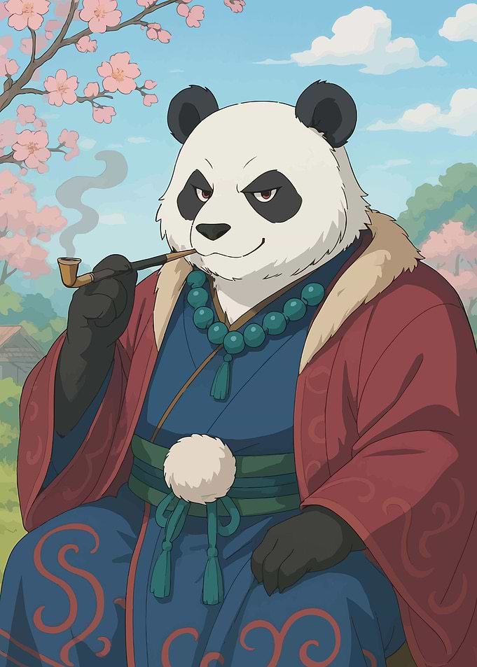 Panda smoking pipe with cherry blossoms