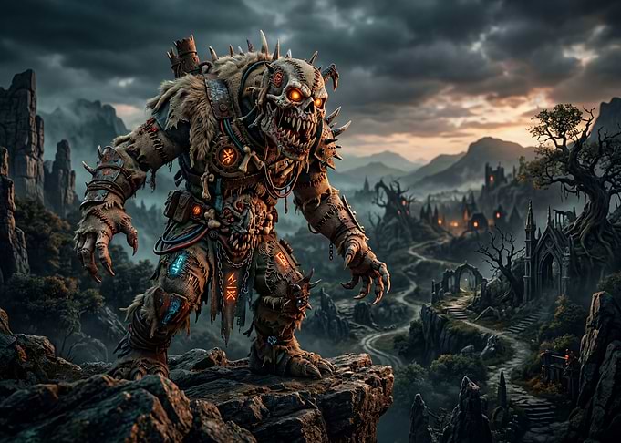 Monstrous creature in a dark fantasy landscape