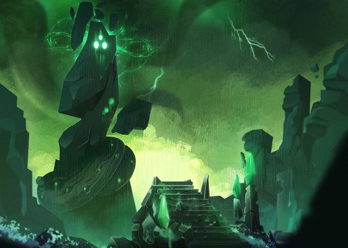 Mystical Stone Guardian in a Stormy Landscape
