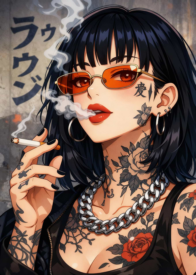 Tattooed Woman Smoking with Orange Sunglasses