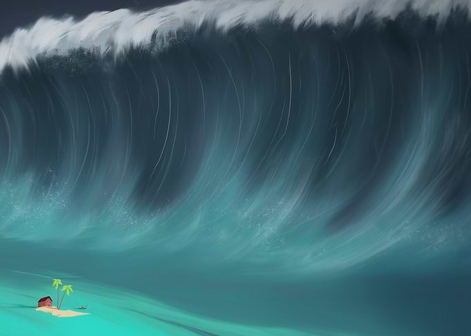 Giant Wave Crashing on Tropical Island