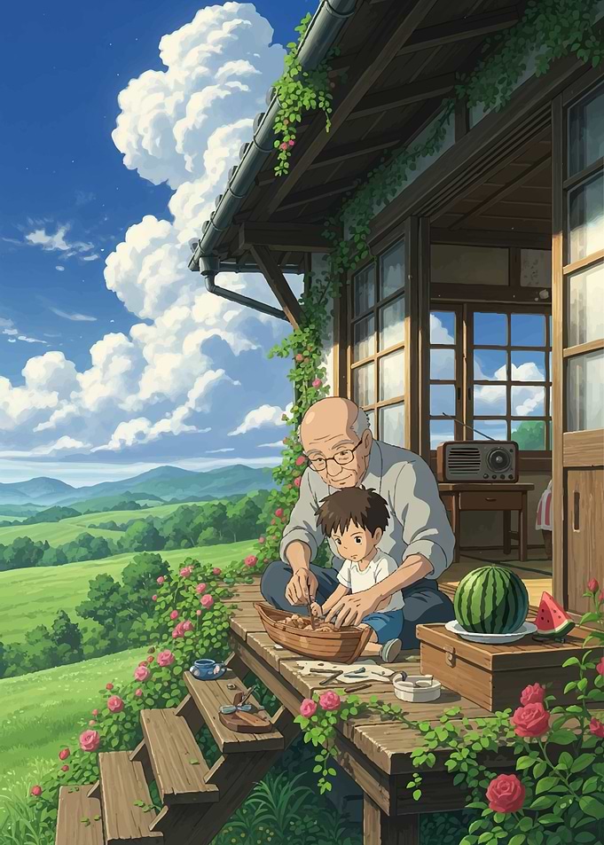 Grandfather and grandson building a boat