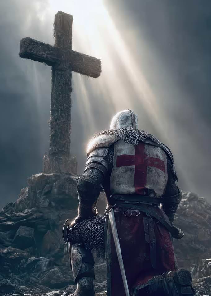 Knight Kneeling Before a Cross