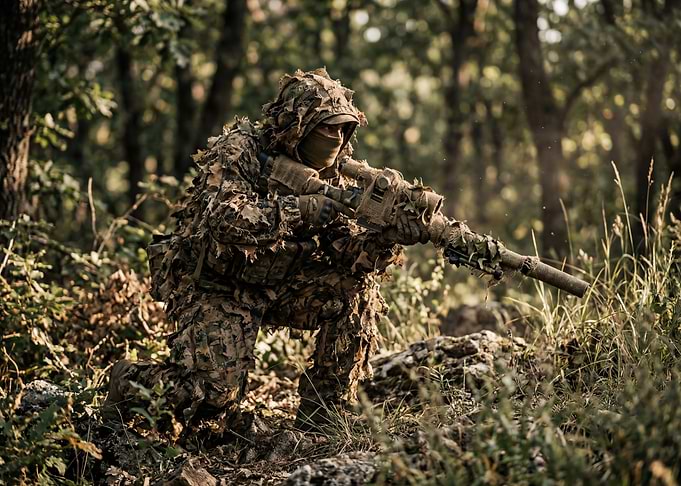 Camouflaged Sniper in Forest