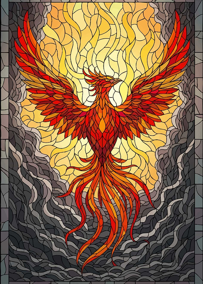 Stained Glass Phoenix Rising from Flames