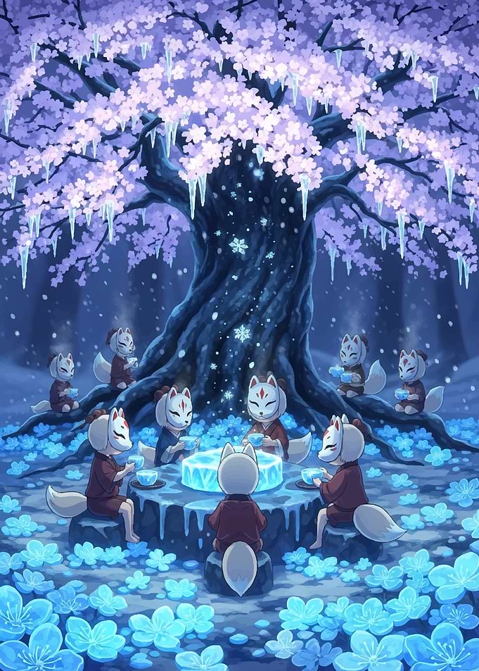 Kitsune Gathering Under Cherry Blossom Tree