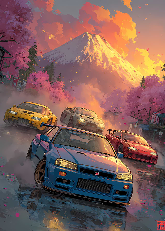 Japanese Sports Cars Racing at Sunset