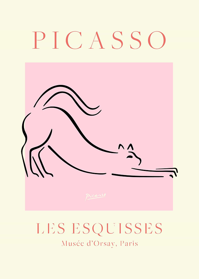Picasso Cat Poster, Minimalist Cat Line Art Print, Pink Modern Wall Decor