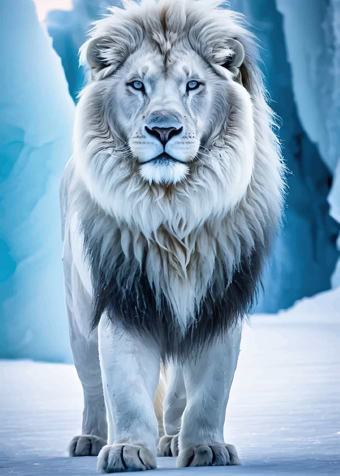 Majestic White Lion in Icy Landscape