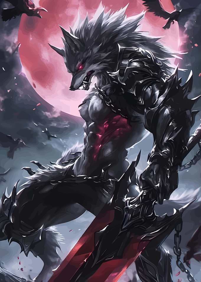 Werewolf Warrior with Red Moon