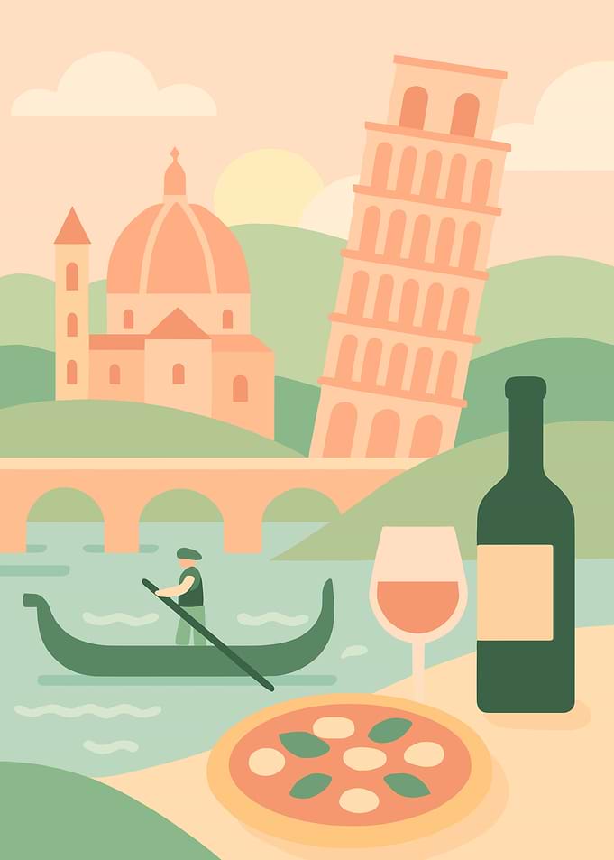 Italian Landscape with Food and Drink