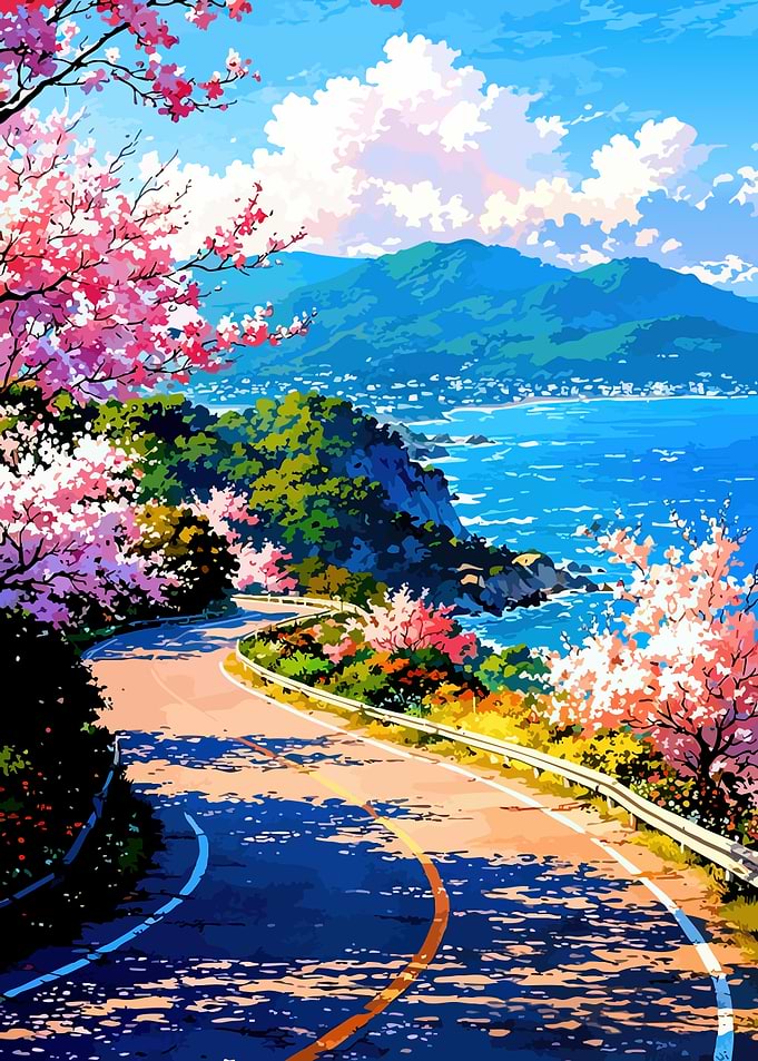 Scenic Coastal Road with Cherry Blossoms
