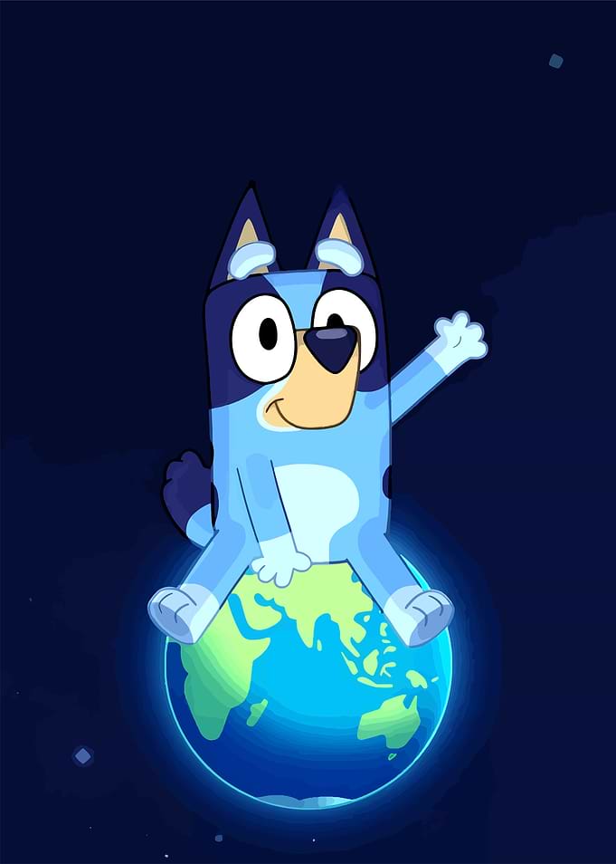 Bluey sitting on Earth in space