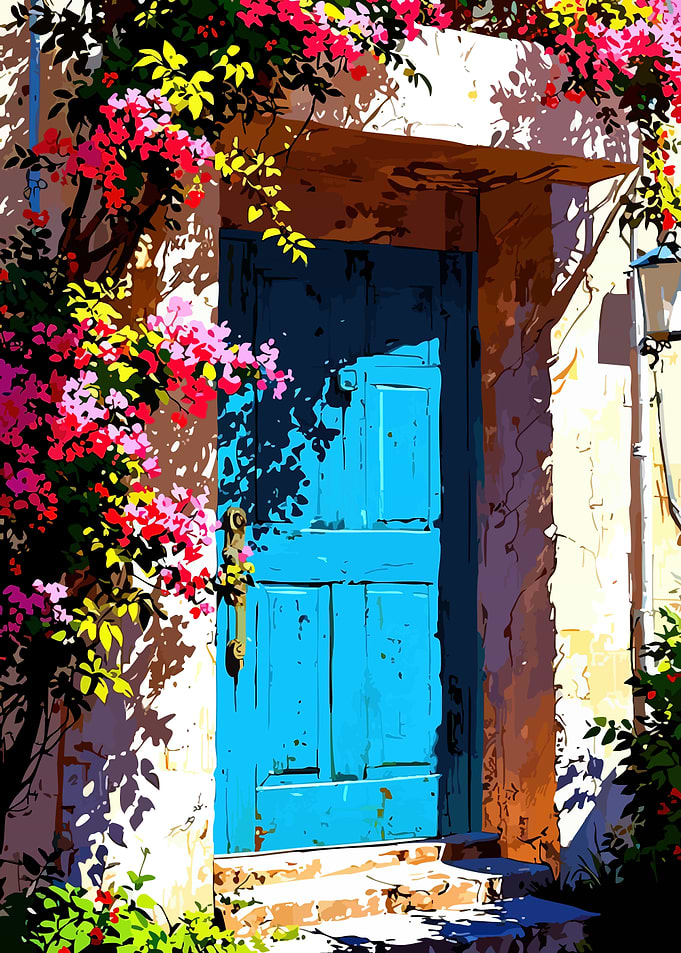 Vibrant Blue Door with Blooming Flowers