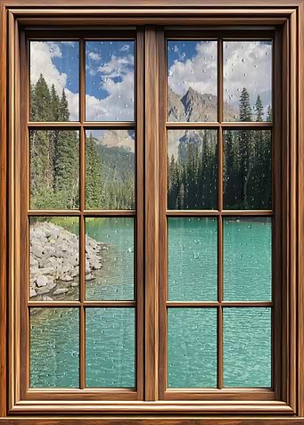 Window view of a mountain lake