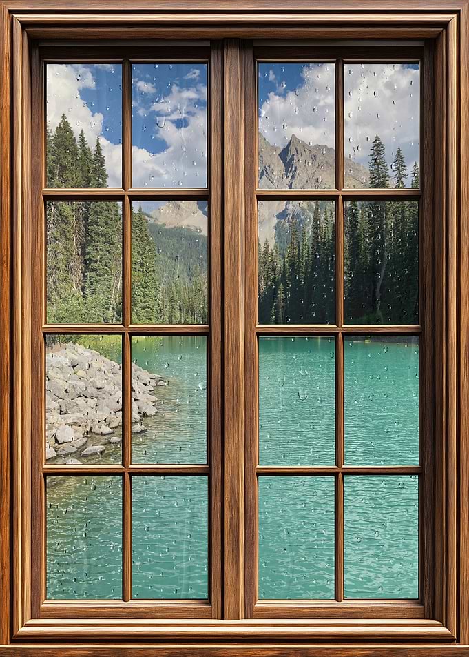 Window view of a mountain lake