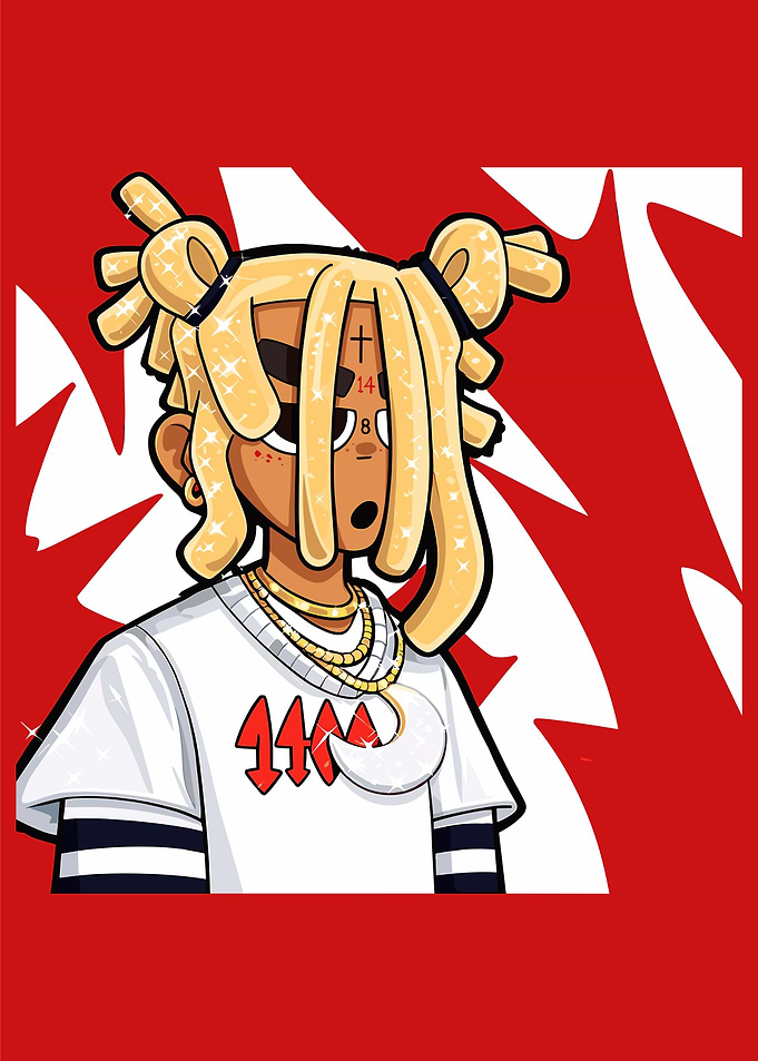 Cartoon character with blonde dreadlocks and tattoos