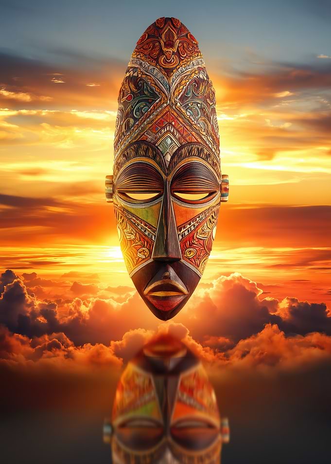 African Mask Reflection Sunset Sky