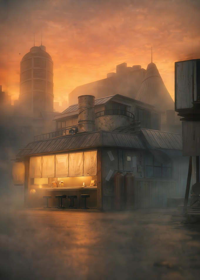 Cyberpunk Ramen Shop at Sunset