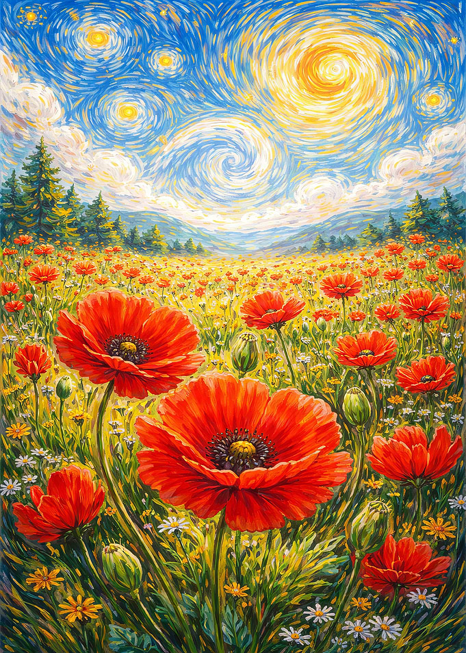 Vibrant Poppy Field Starry Night