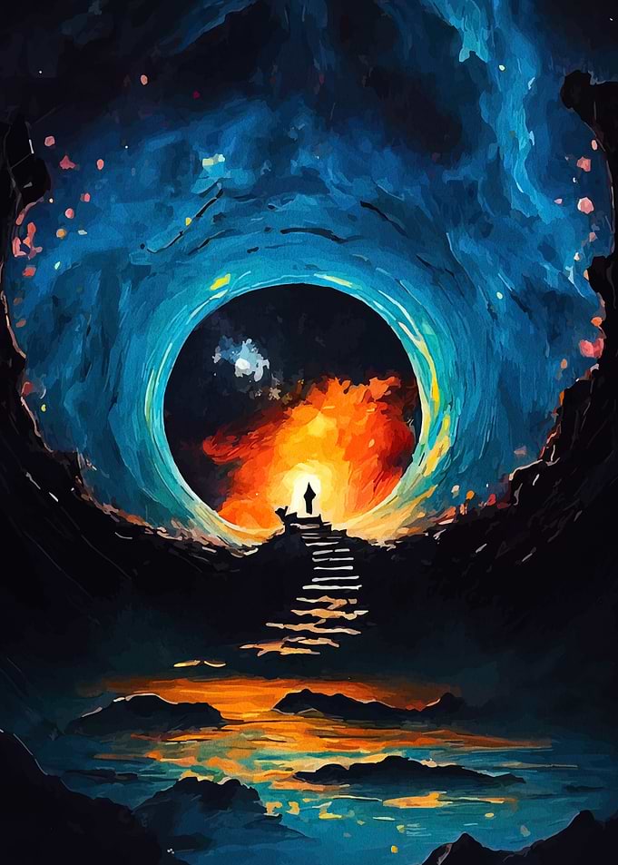 Figure Ascending Stairs to Cosmic Portal