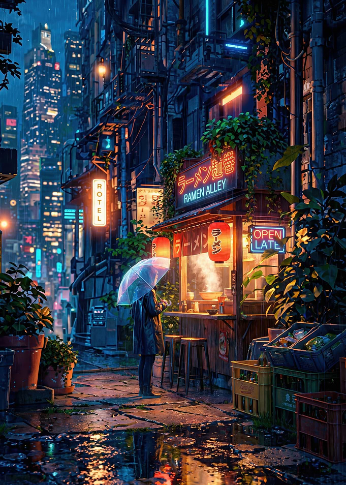 Rainy Cyberpunk Ramen Alley