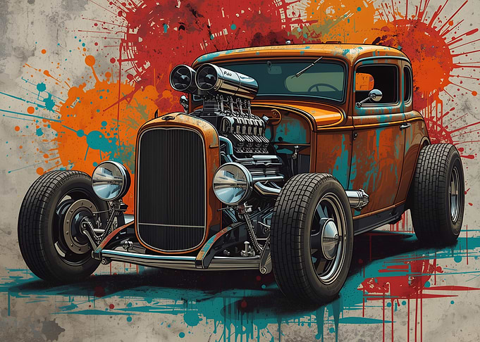 Hot Rod Car with Paint Splatter Background