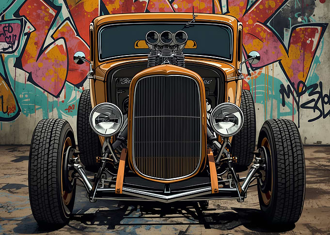 Orange Hot Rod Against Graffiti Wall