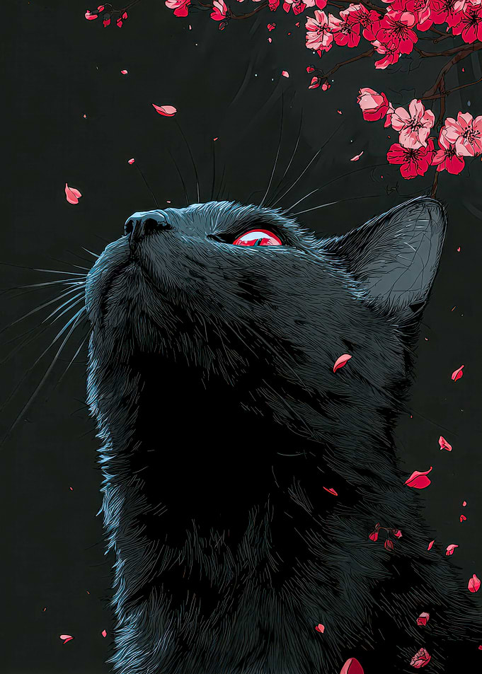 Black Cat with Red Eyes and Cherry Blossoms