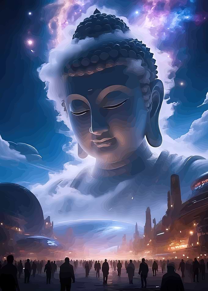 Giant Buddha Over Futuristic City