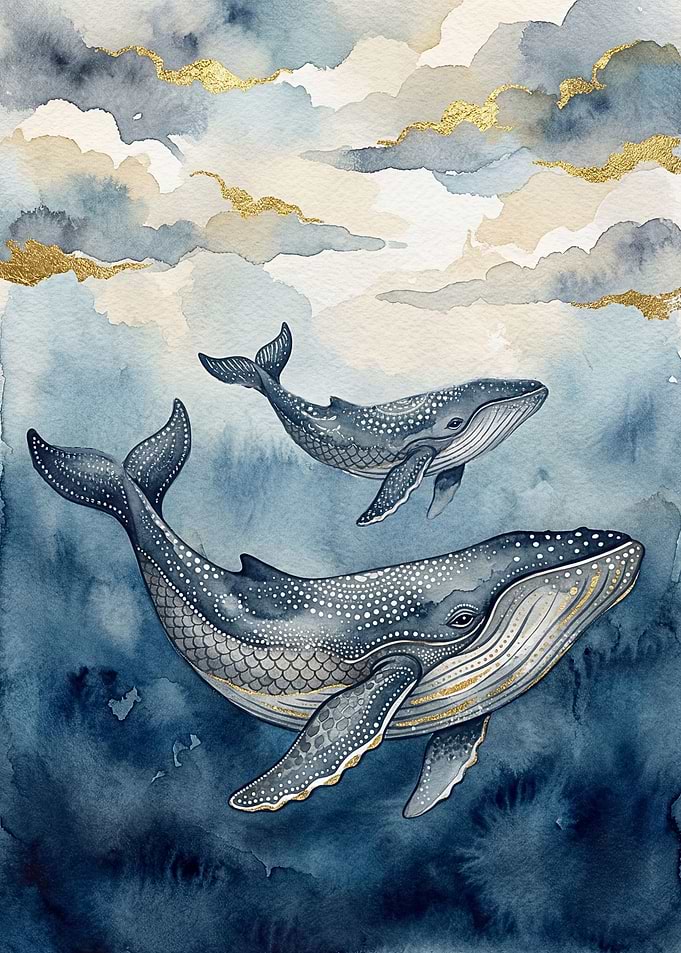 Whales swimming in cloudy sky