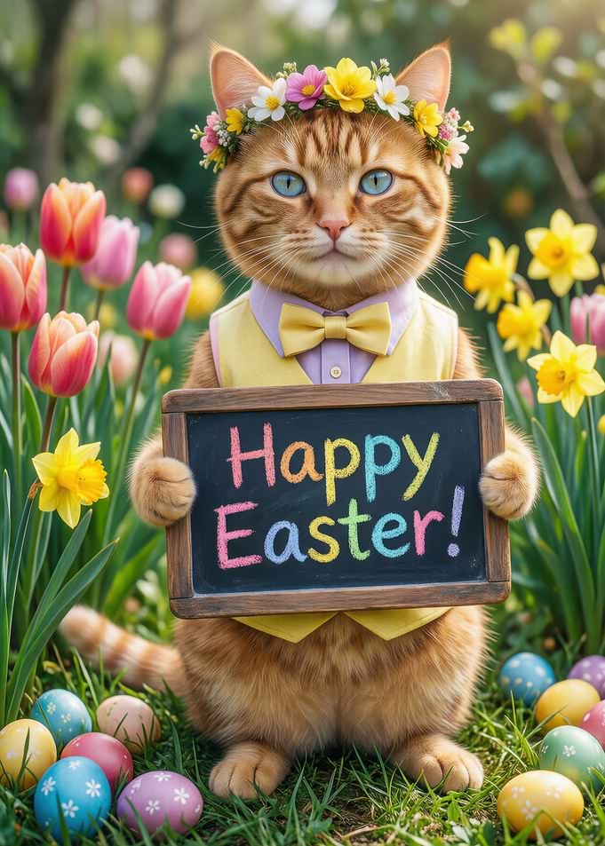 Easter Cat with Flowers and Eggs