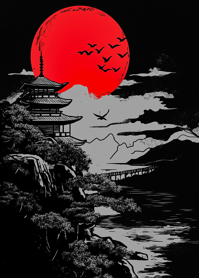 Japanese Pagoda Under a Red Sun