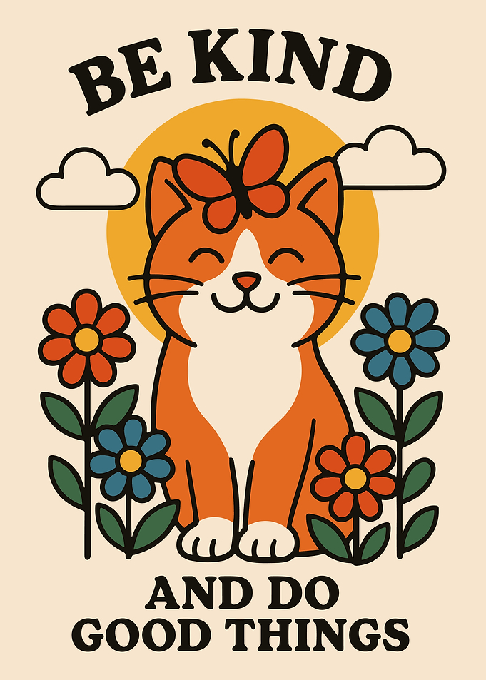 Be Kind And Do Good Things Poster, Cute Cat Floral Art, Whimsical Positive Wall Print
